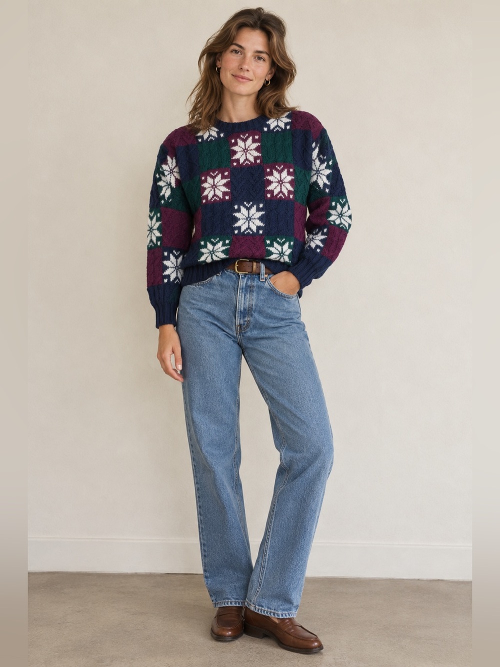 Vintage 80s 90s Paris Sport Club Hand Knit Wool Cotton Snowflake Sweater medium